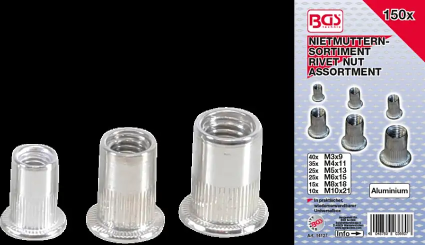 BGS TECHNIC ASSORTIMENT éCROUS à SERTIR AVEUGLES ALUMINIUM 150 PIèCES