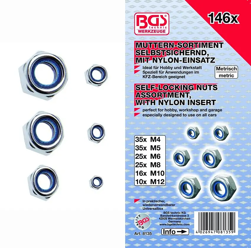 BGS TECHNIC ASSORTIMENT D’éCROUS FREIN 146 PIèCES AVEC INSERT EN NYLON