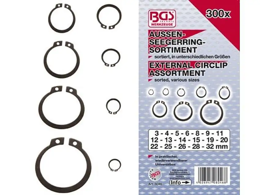ASSORTIMENT BGS TECHNIC CIRCLIPS EXTéRIEURS 3-32 MM 300 PIèCES