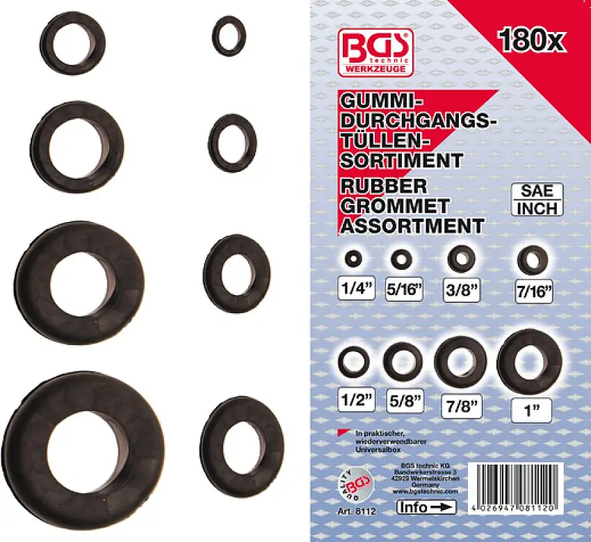 BGS TECHNIC ASSORTIMENT DE PASSE-CâBLES EN POUCES 180 PIèCES