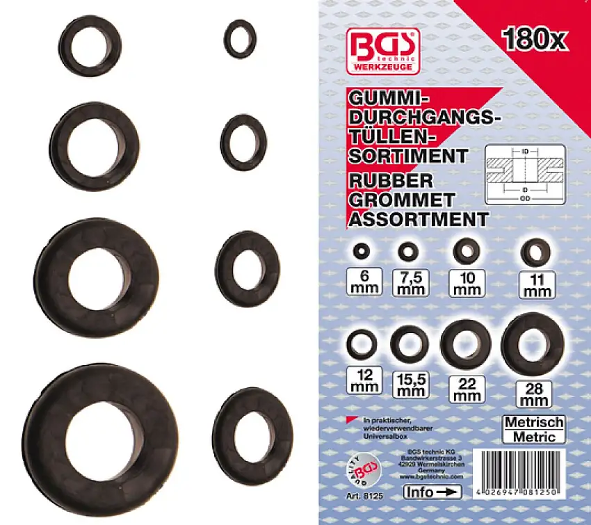 ASSORTIMENT DE PASSE-CâBLES MéTRIQUES BGS TECHNIC 180 PIèCES POUR LA PROTECTION DES CâBLES