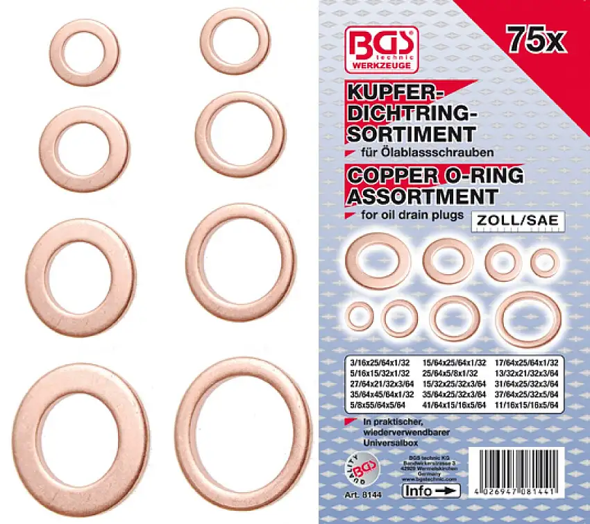 BGS TECHNIC ASSORTIMENT DE RONDELLES CUIVRE POUCES 75 PIèCES POUR BOUCHONS DE VIDANGE D'HUILE