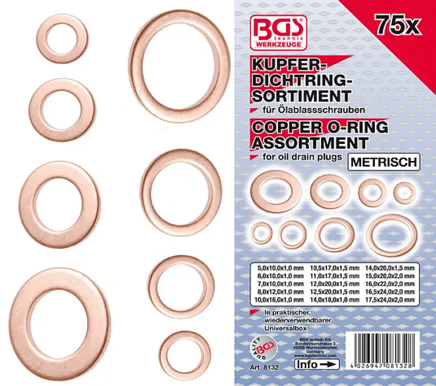 ASSORTIMENT DE JOINTS EN CUIVRE MéTRIQUES 75 PIèCES BGS TECHNIC