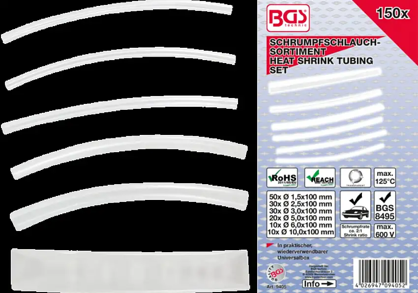 BGS TECHNIC ASSORTIMENT DE GAINES THERMORéTRACTABLES TRANSPARENTES 150 PIèCES