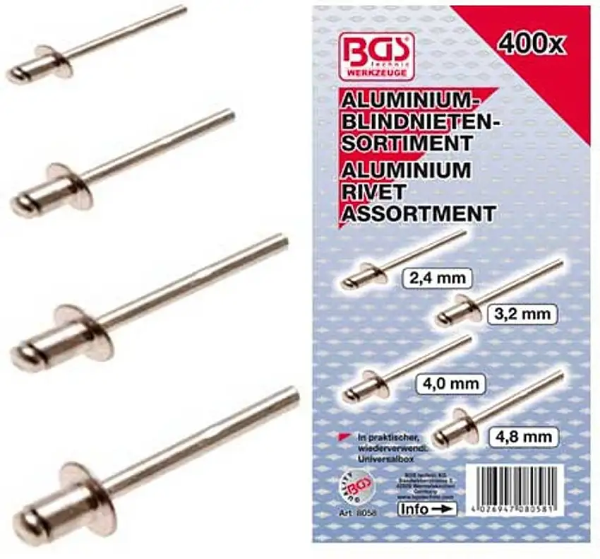 ASSORTIMENT DE RIVETS BGS TECHNIC 2,4-4,8 MM 400 PIèCES