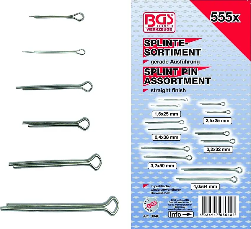 BGS TECHNIC ASSORTIMENT GOUPILLES FENDUES 1,6-4MM 555 PIèCES ACIER INOXYDABLE