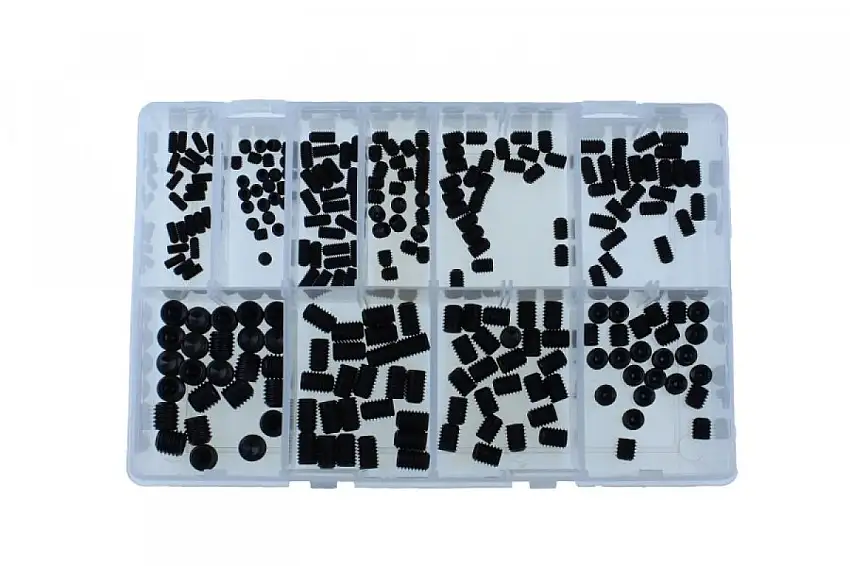 ASSORTIMENT DE VIS DE PRESSION 250 PIèCES DIN 916 AVEC SIX PANS CREUX ET POINTE