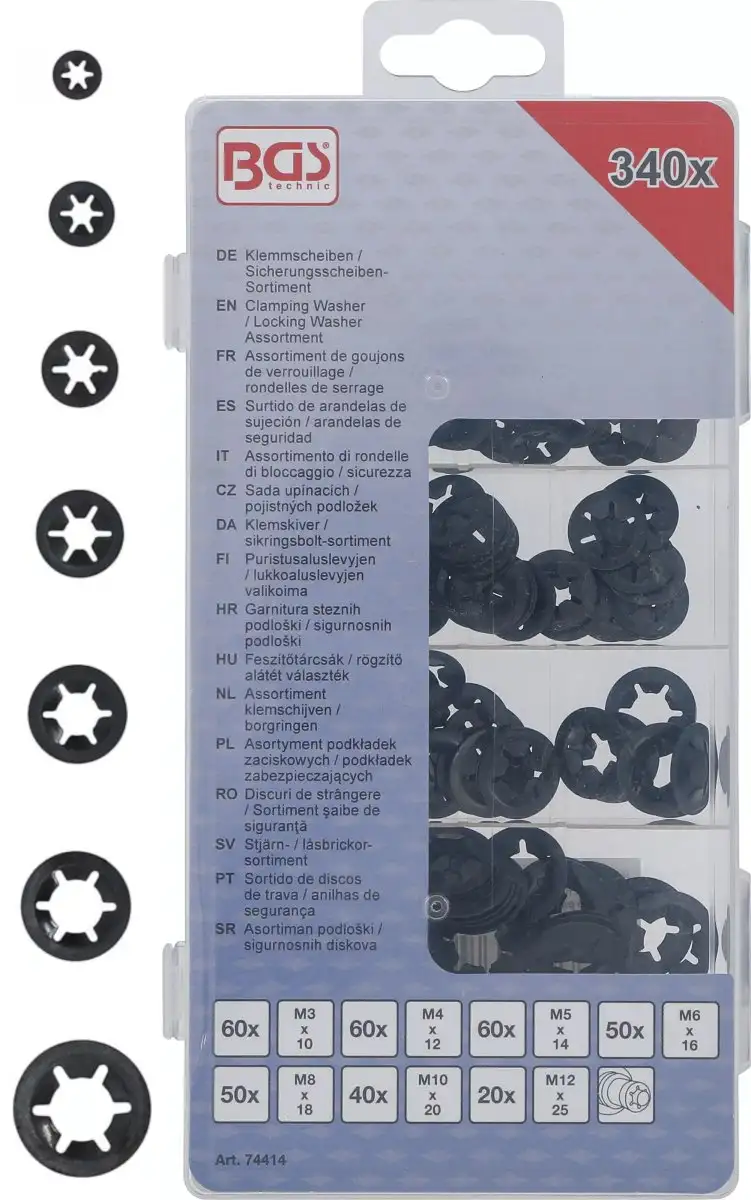 BGS TECHNIC 74414 ASSORTIMENT DE CIRCLIPS ET ANNEAUX DE RETENUE M3-M12 340 PIèCES