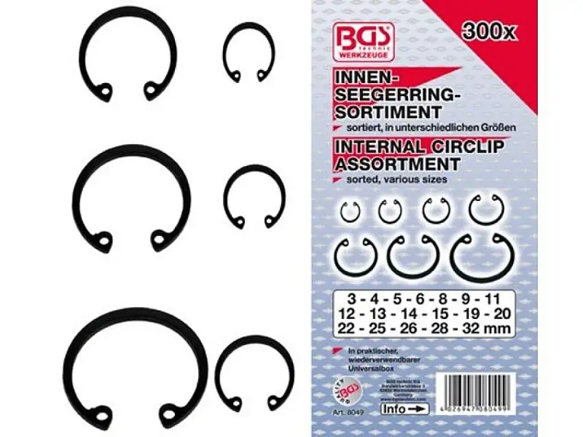 ASSORTIMENT DE CIRCLIPS INTéRIEURS BGS TECHNIC 3-32 MM 300 PIèCES