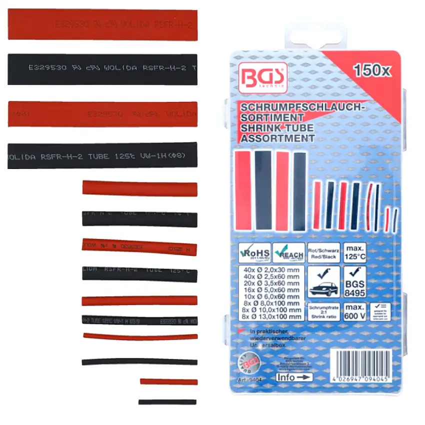 ASSORTIMENT DE GAINES THERMORéTRACTABLES BGS TECHNIC ROUGE/NOIR 150 PIèCES