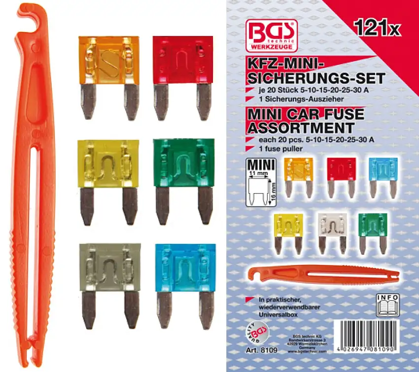 BGS TECHNIC ASSORTIMENT MINI FUSIBLES LAMES 121 PIèCES AVEC EXTRACTEUR DE FUSIBLES