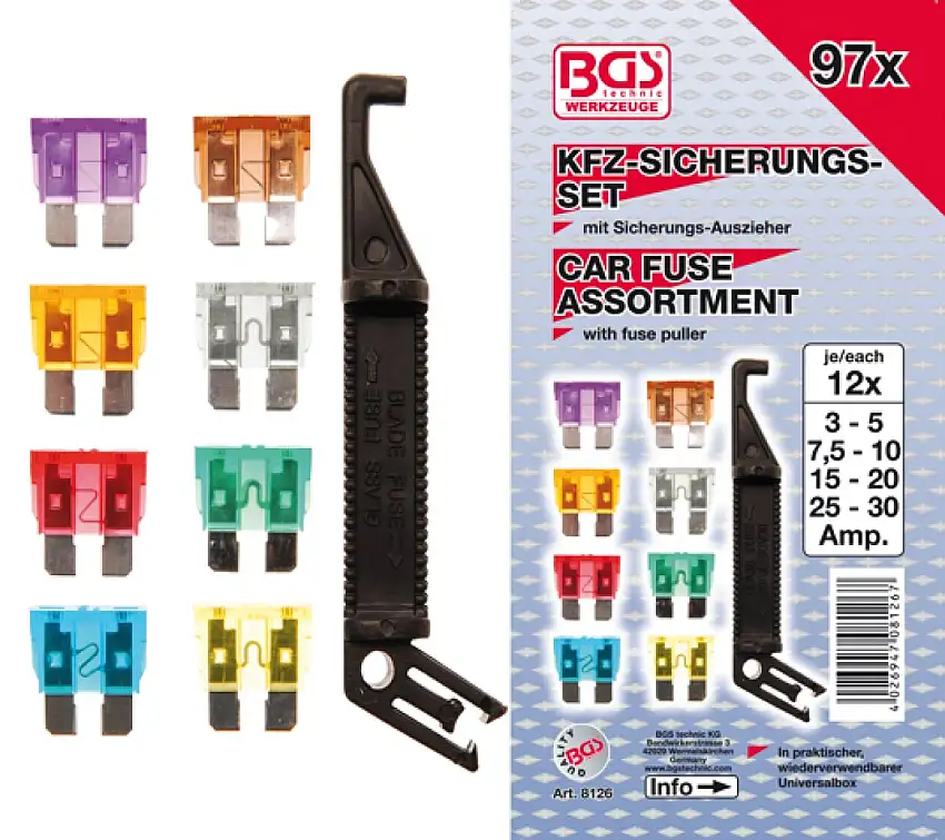 BGS TECHNIC ASSORTIMENT FUSIBLES à LAME STANDARD 97 PIèCES AVEC EXTRACTEUR DE FUSIBLES