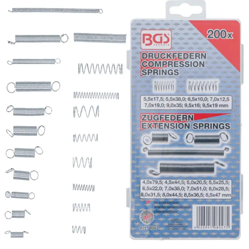 ASSORTIMENT DE RESSORTS DE TRACTION ET DE COMPRESSION BGS TECHNIC 200 PIèCES
